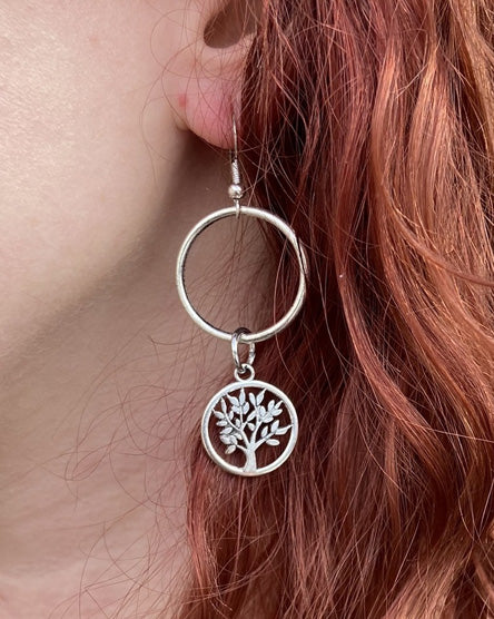 circle + tree silver earrings