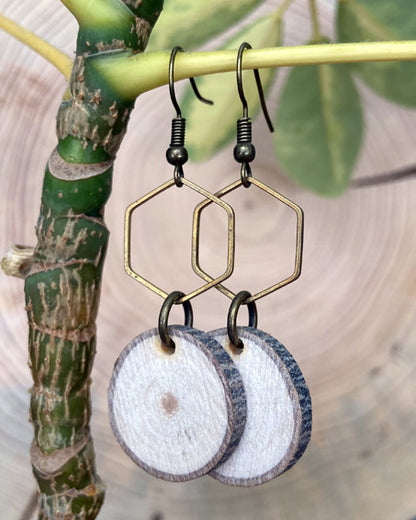 hexagon raw brass + wood earrings