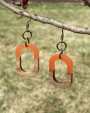 orange rounded rectangle wood + resin earrings