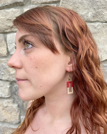 red rectangle wood + resin earrings