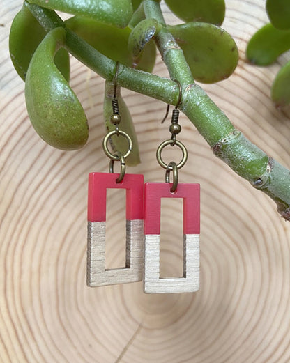 red rectangle wood + resin earrings
