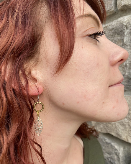 silver spiral leaf mixed metal earrings
