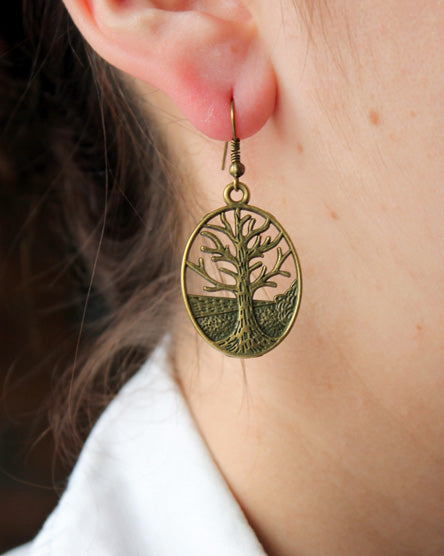antique brass forest earrings