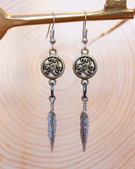 coin + silver feather mixed metal earrings