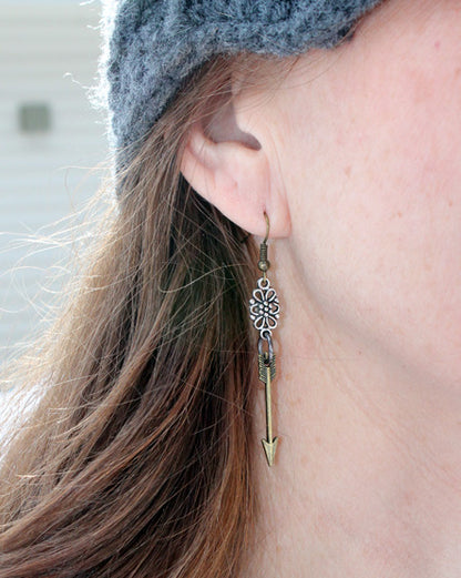 arrow + flower mixed metal earrings
