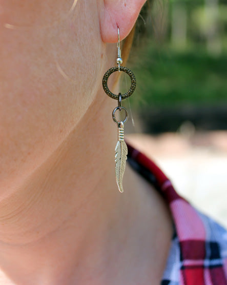 silver tribal feather mixed metal earrings