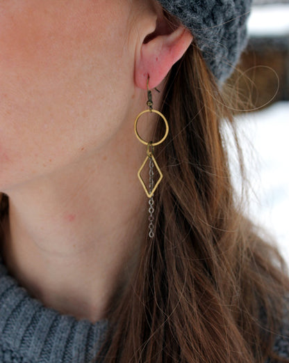circle + diamond raw brass earrings