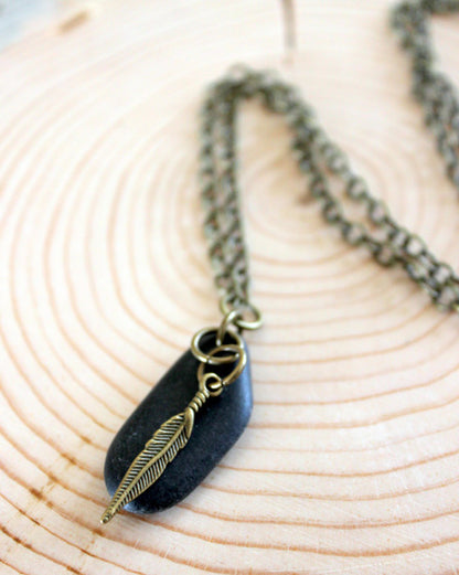 jewelry of the month: brass feather + stone necklace - june only!