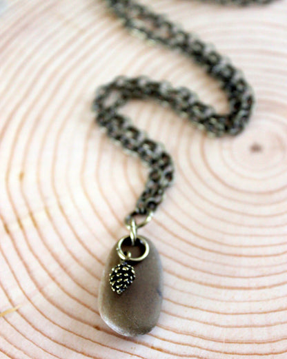 brass pine cone + stone necklace