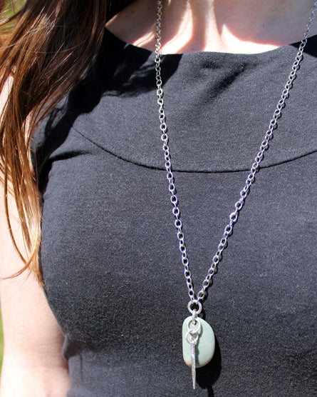 silver feather + stone necklace