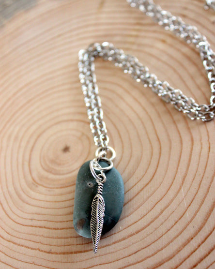 silver feather + stone necklace
