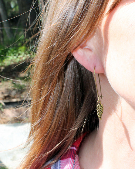 tiny leaf brass earrings