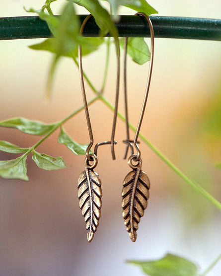 tiny leaf brass earrings
