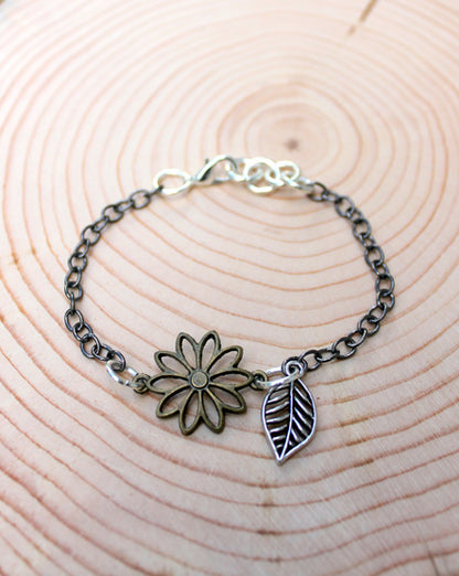 mixed metal flower + leaf bracelet