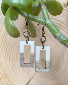 white rectangle wood + resin earrings