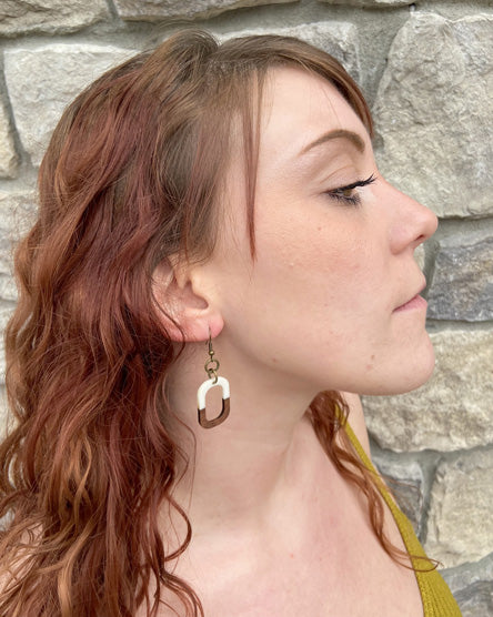 white rounded rectangle wood + resin earrings