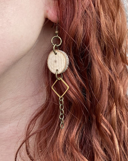 wood raw brass diamond + chain earrings