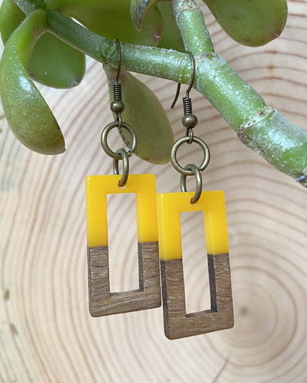 yellow rectangle wood + resin earrings