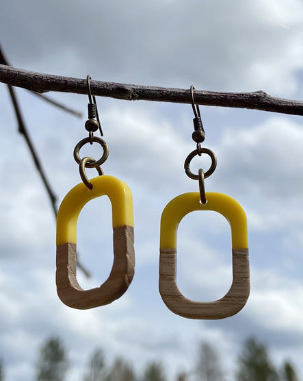yellow rounded rectangle wood + resin earrings